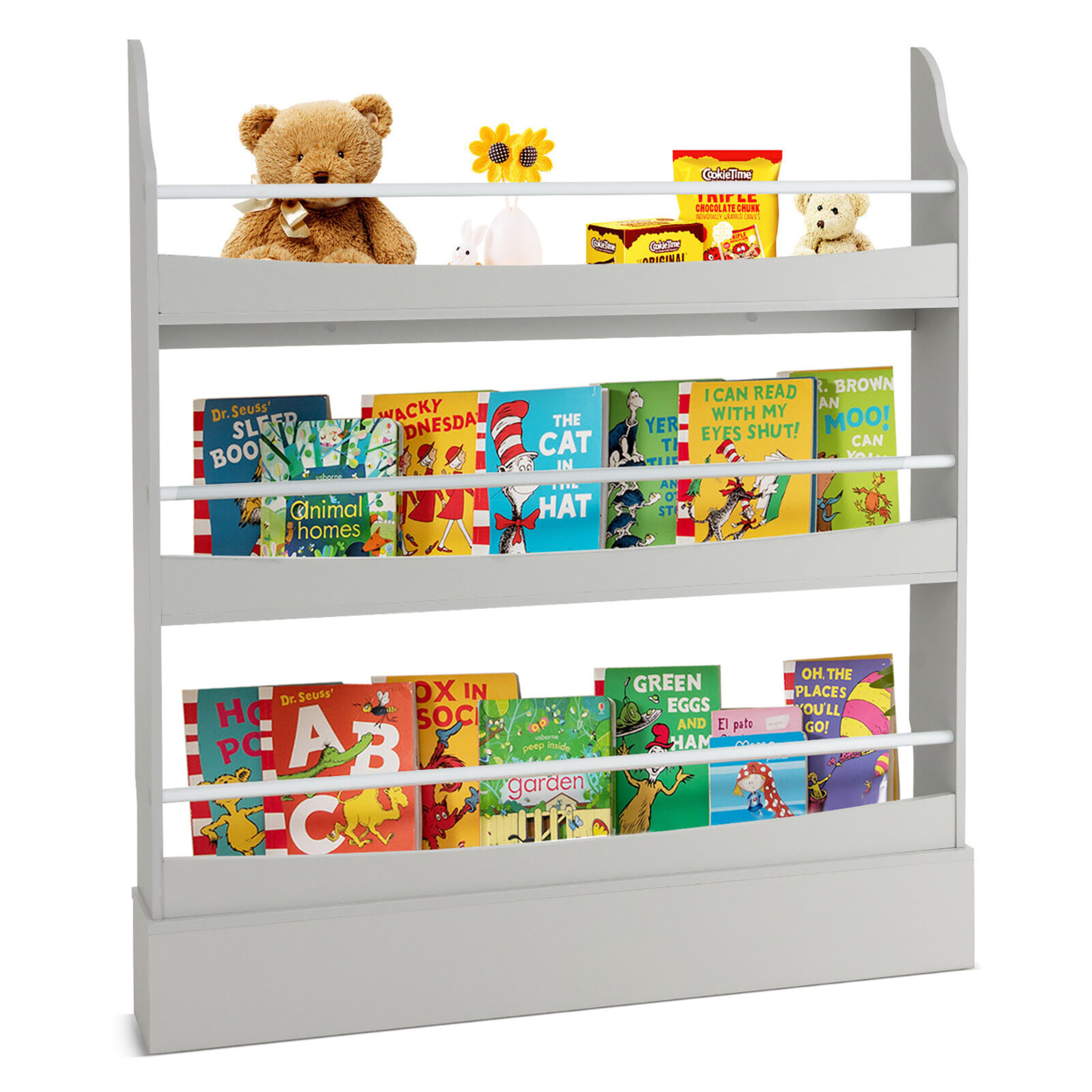 3-Tier Kids Bookshelf Toy Storage Bookcase Rack Wall W/ Anti-toppling Kits - Grey
