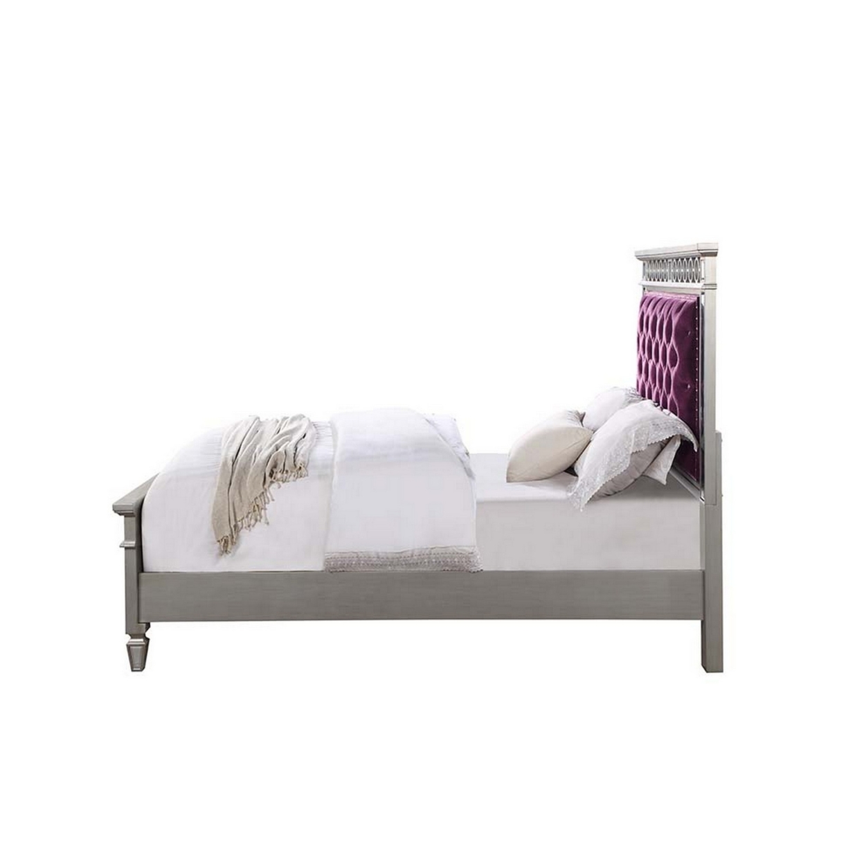 Eira Tufted Twin Size Bed, Burgundy Velvet Upholstery, Elegant Mirror Inlay- Saltoro Sherpi