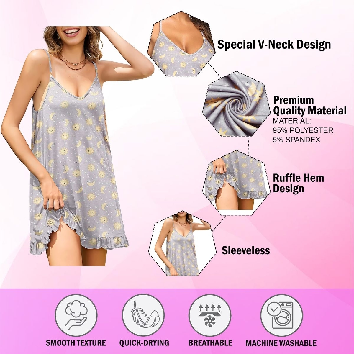 6-Pack Women's Soft Chemise Slip Nightgown Sleepwear, V Neck, Adjustable Strap Mini Dress, Comfortable Elegant Sleep Shirt, Camisole Nightie