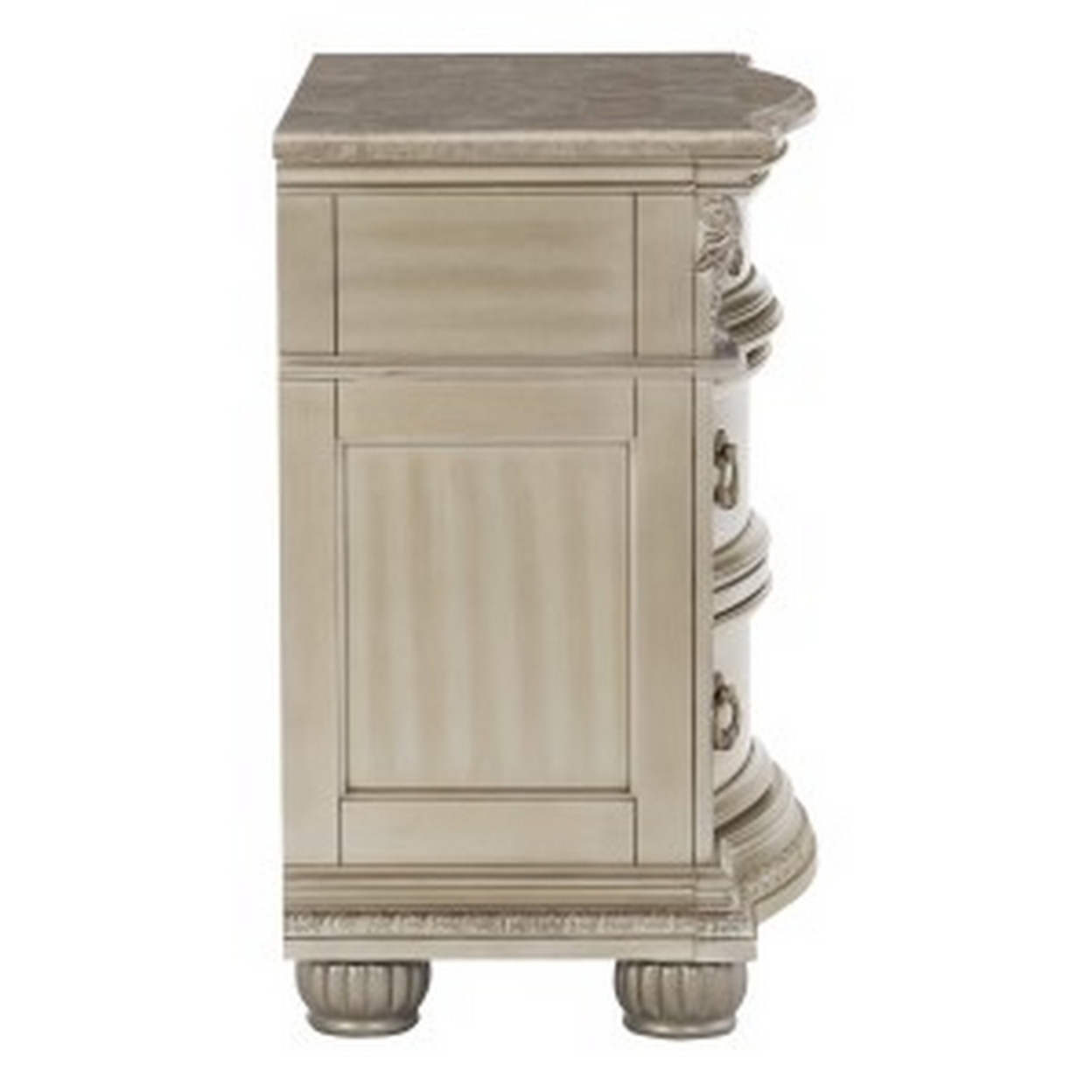 Caitlin 35 Inch 3 Drawer Nightstand With Marble Top, Leaf Carvings, Silver- Saltoro Sherpi