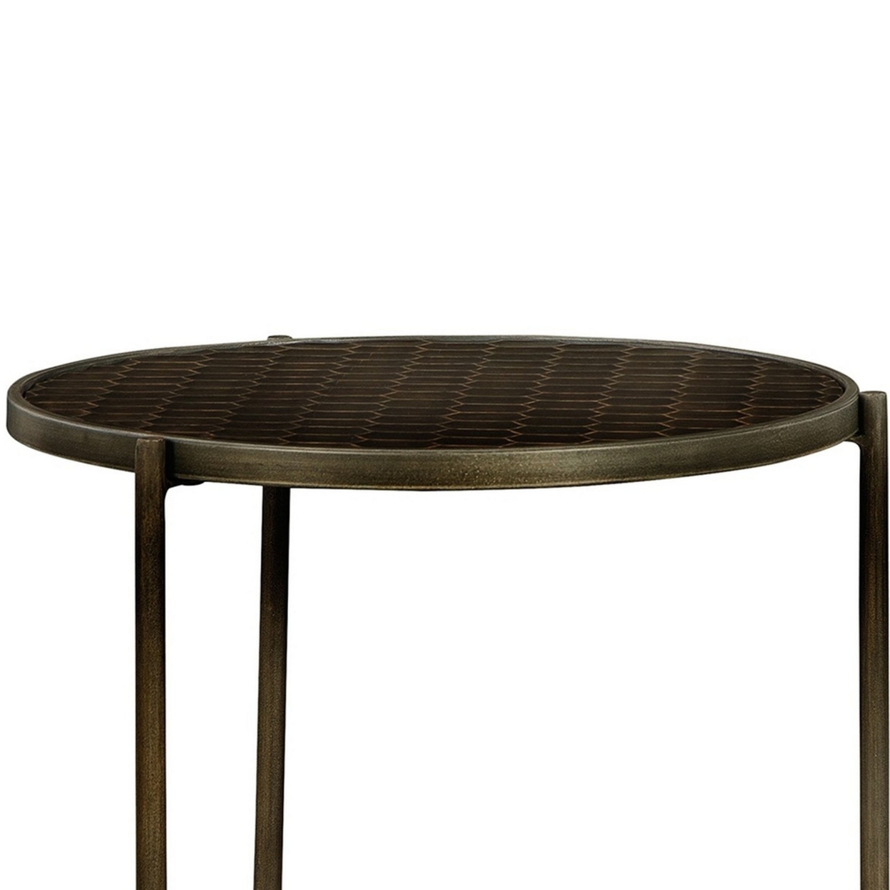 Gus 23 Inch Modern Side End Table, Round Honeycomb Top, Brown Wood, Metal- Saltoro Sherpi