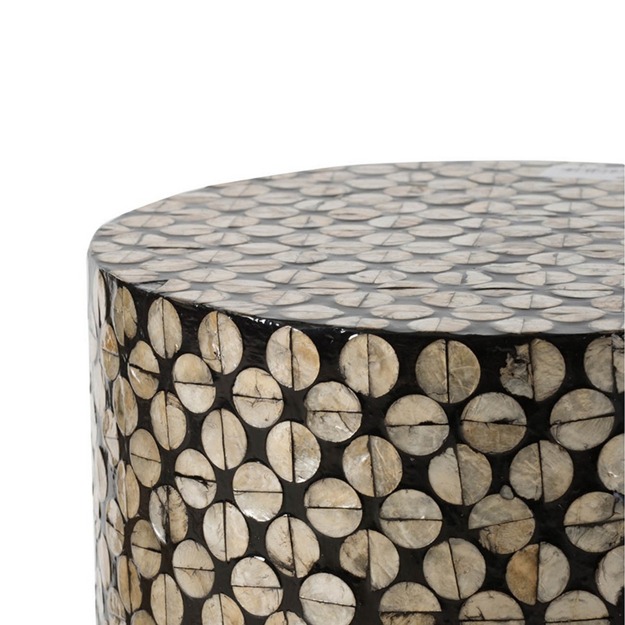 20 Inch Stool Table, Round Wood Design, Modern, Capiz Inlay, Black, White- Saltoro Sherpi