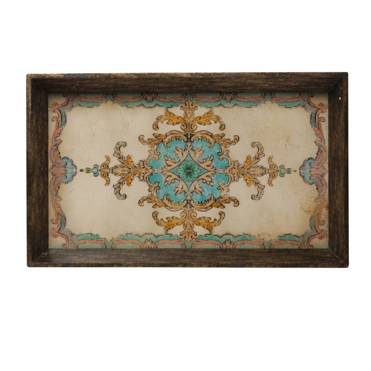 25 Inch Wood Tray, Vintage Style, Distressed Brown Wood Frame, Set Of 2- Saltoro Sherpi