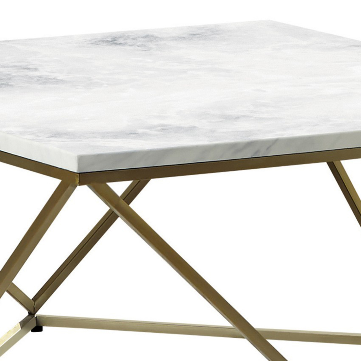 36 Inch Modern Square Coffee Table, White Faux Marble Top, Slender Gold Base- Saltoro Sherpi
