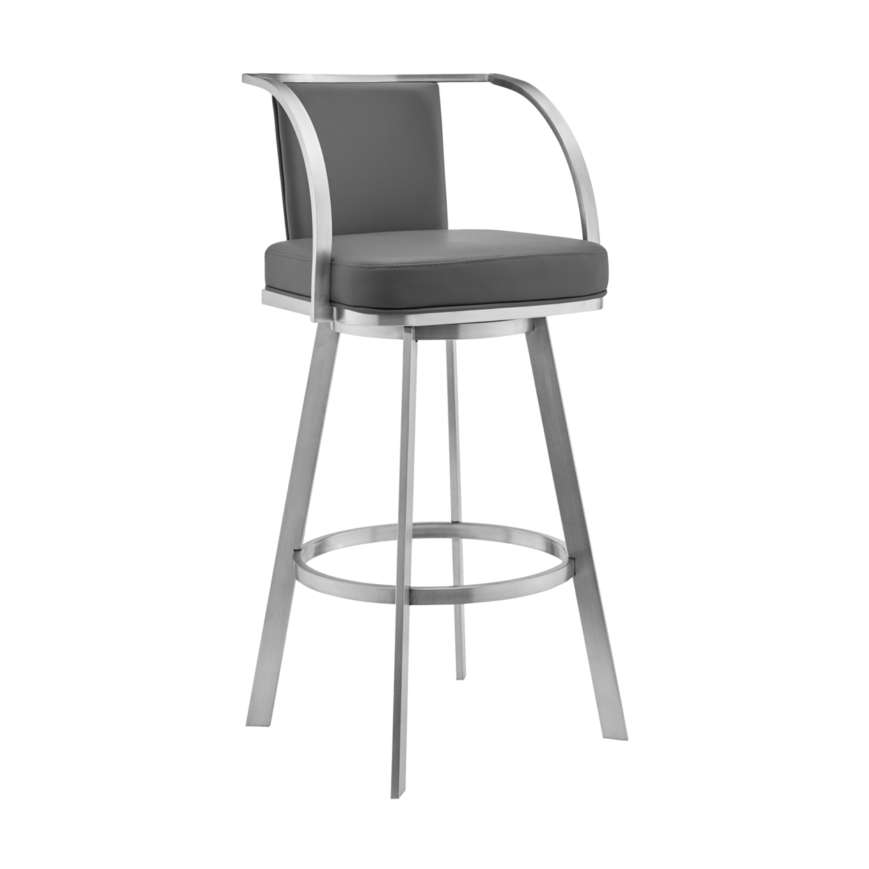 Ovn 30 Inch Swivel Barstool Chair, Gray Faux Leather, Stainless Steel Frame- Saltoro Sherpi