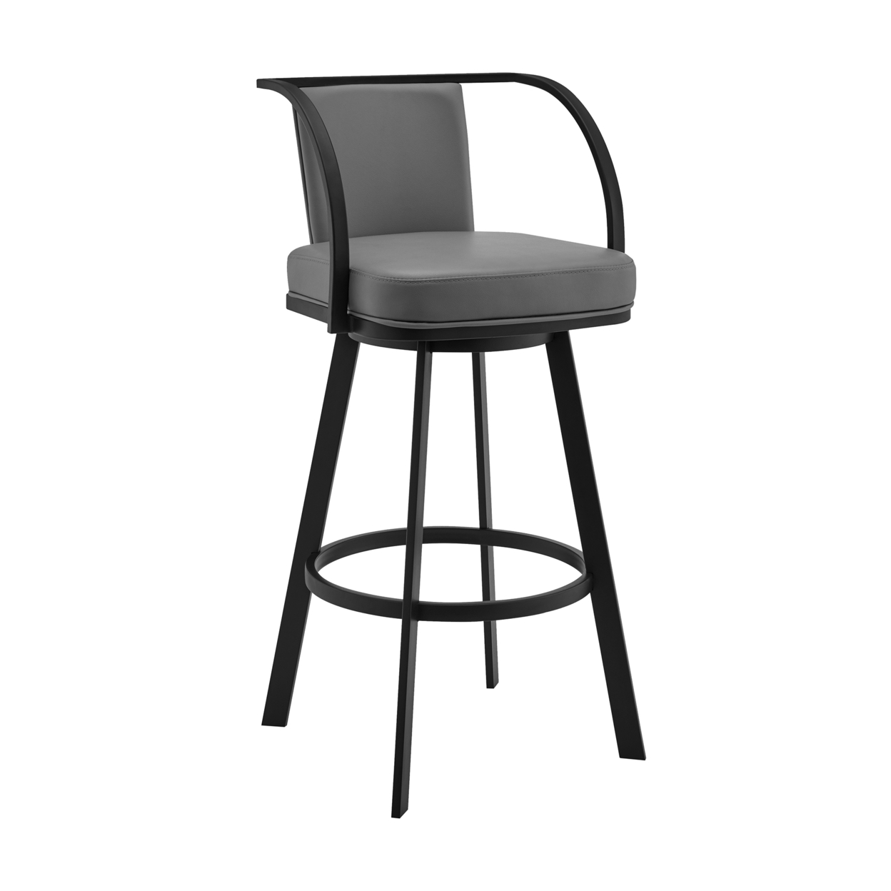 Ovn 30 Inch Modern Swivel Barstool Chair, Gray Faux Leather, Black Steel- Saltoro Sherpi