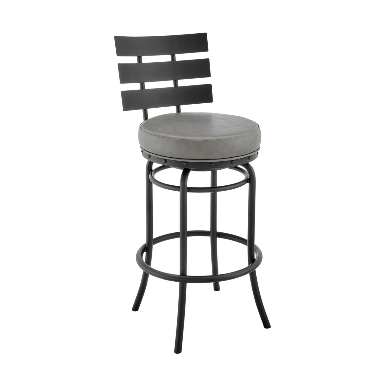 Siona 30 Inch Swivel Metal Bar Stool Chair, Slatted Back, Gray Faux Leather- Saltoro Sherpi