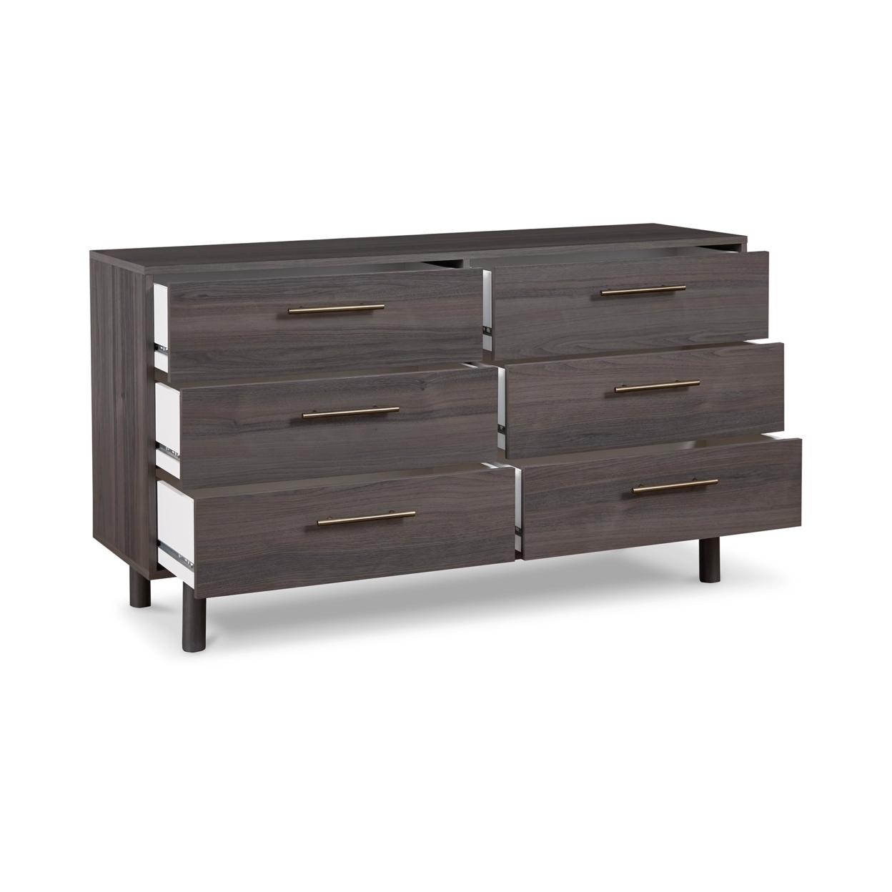 Dien 59 Inch Modern Dresser, Gray Wood Frame, 6 Drawers, Gold Metal Handles- Saltoro Sherpi