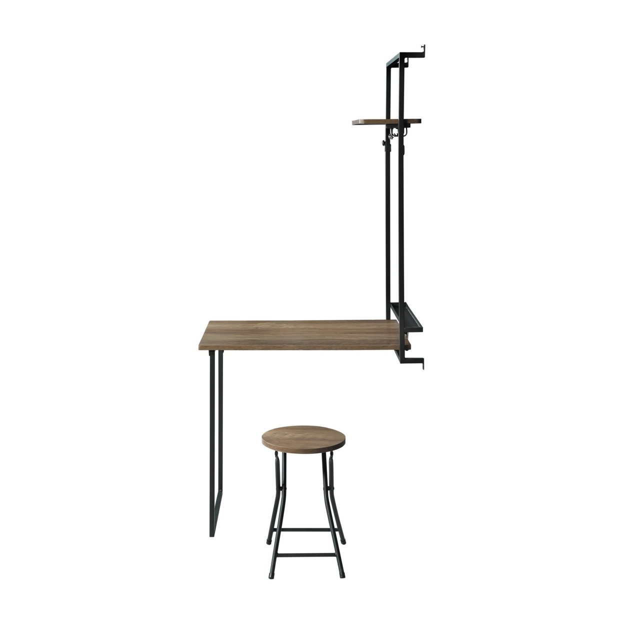 72 Inch Foldable Wall Desk With Stool, Rustic Oak Shelf, Black Metal Frame- Saltoro Sherpi