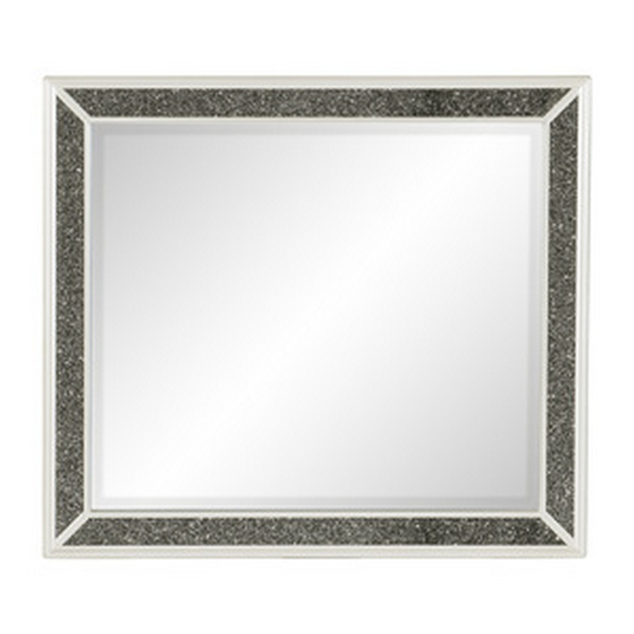 Edolie 41 Inch Rectangular Accent Mirror, Silver Glitter Trim, Pearl White- Saltoro Sherpi