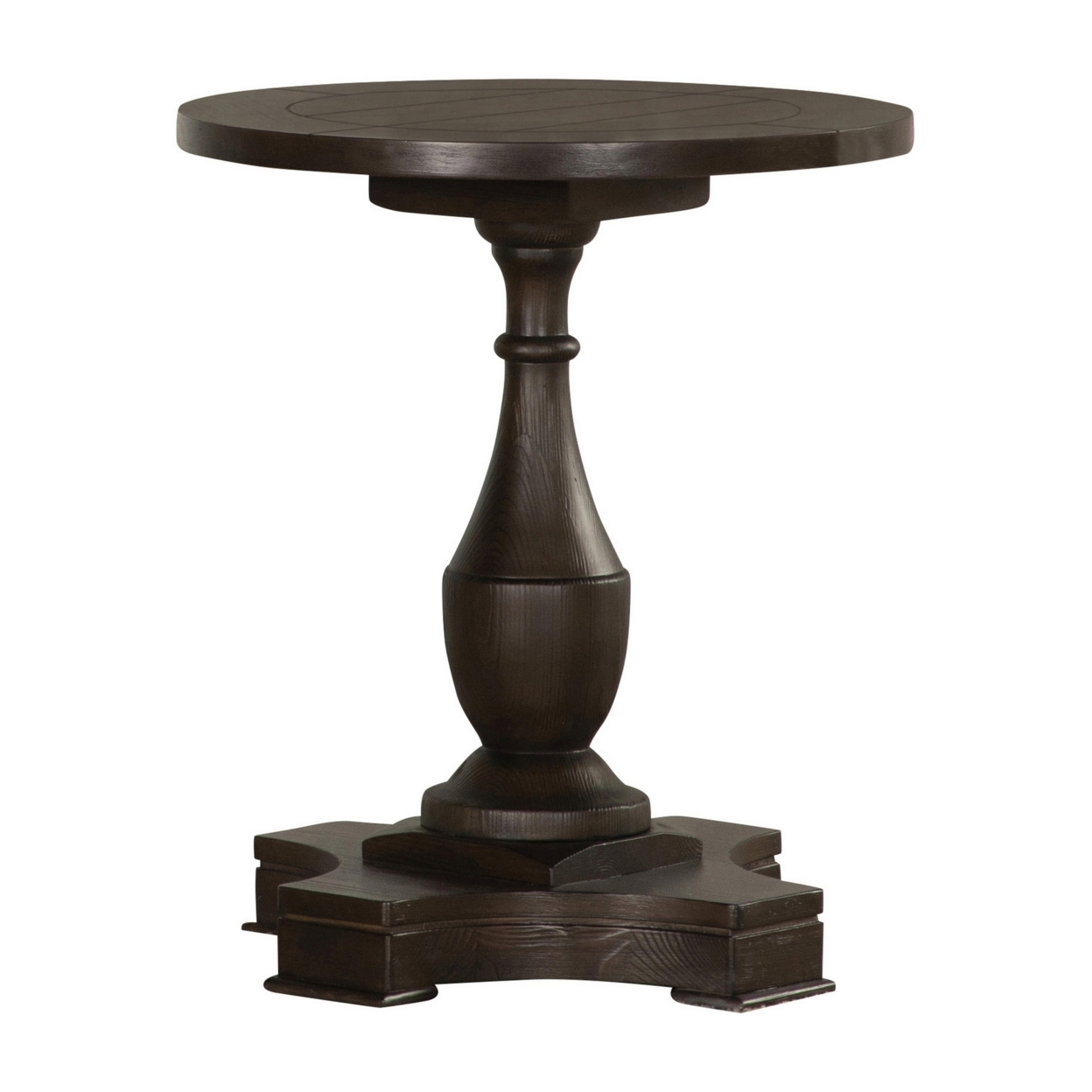 Aria 24 Inch Side End Table, Round Plank Top, Turned Pedestal, Dark Brown