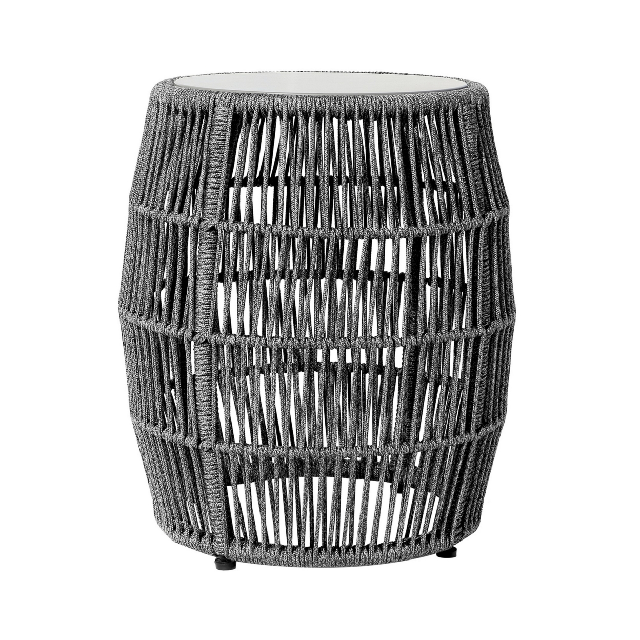 Gip 22 Inch Indoor Outdoor End Table Stool, Gray Round Stone Top, Woven Rope- Saltoro Sherpi