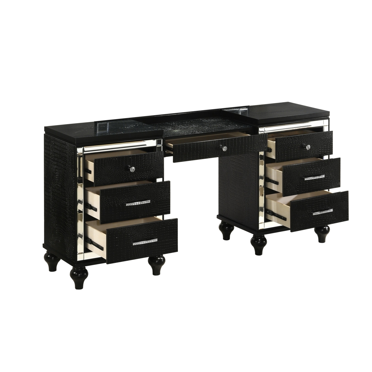 Kya 64 Inch Vanity Dresser Table With 7 Drawers, Mirrored Trim, Glam Black- Saltoro Sherpi
