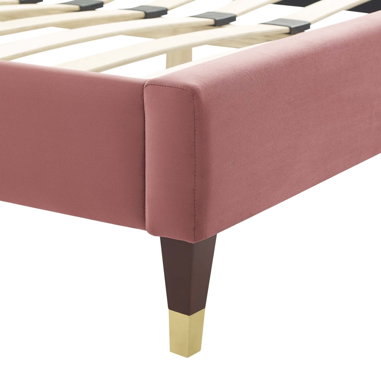 Full Platform Bed, Dusty Pink Velvet, Pleated Design Panel Headboard