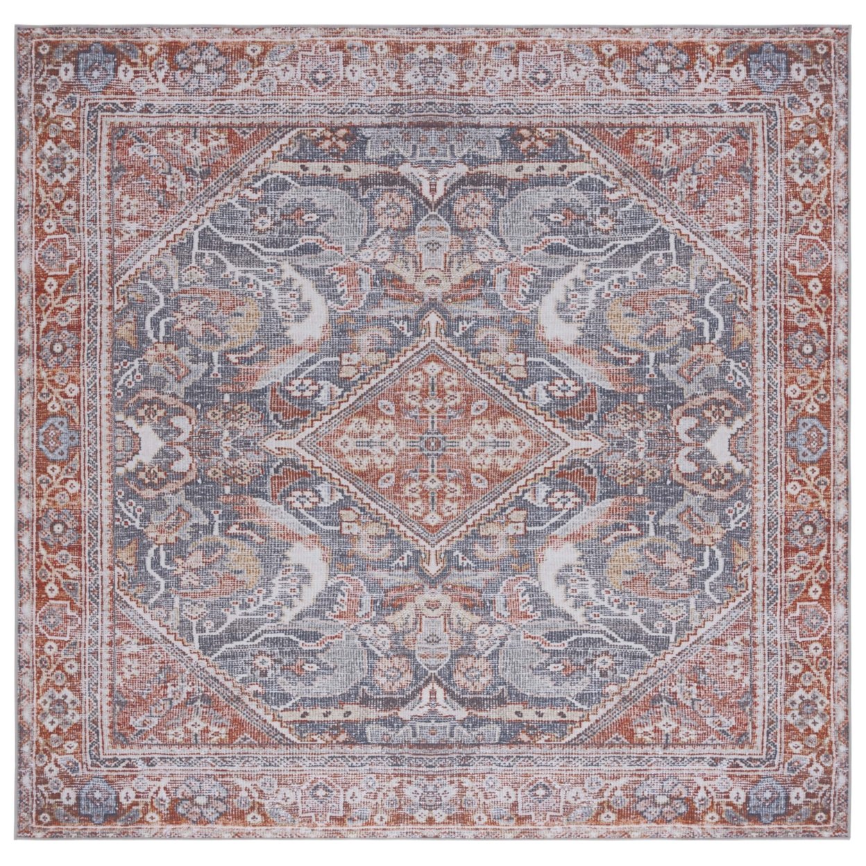 Safavieh TSN125F Tucson Grey / Rust - Ivory / Blue, 6' X 6' Square
