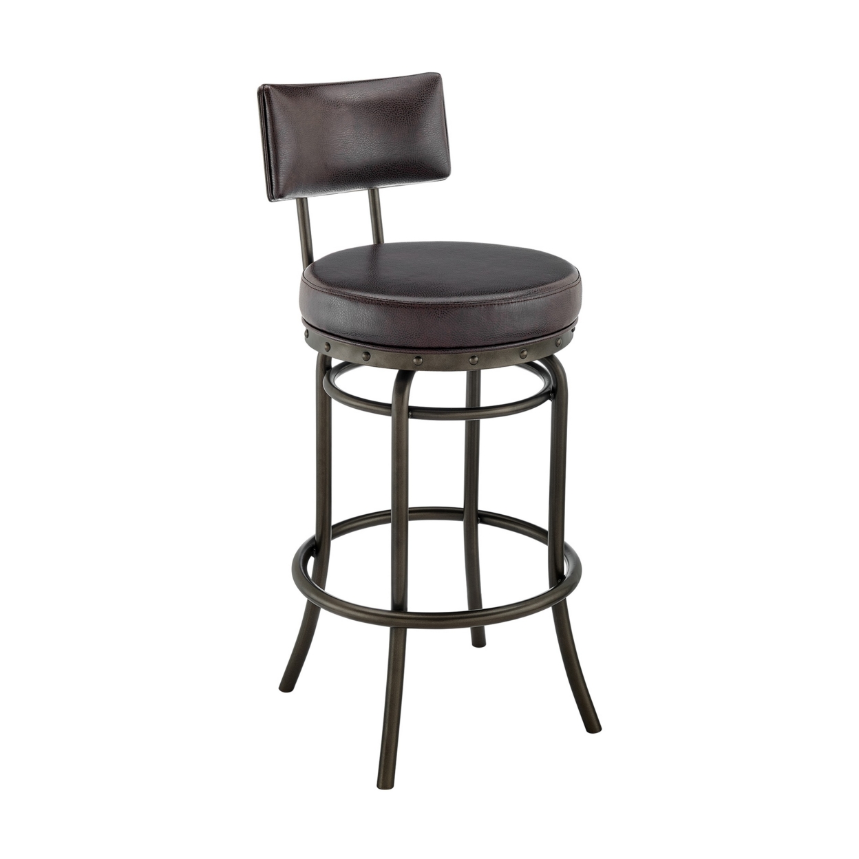 Felicity 30 Inch Round Swivel Bar Stool Chair, Brown Faux Leather Cushions- Saltoro Sherpi