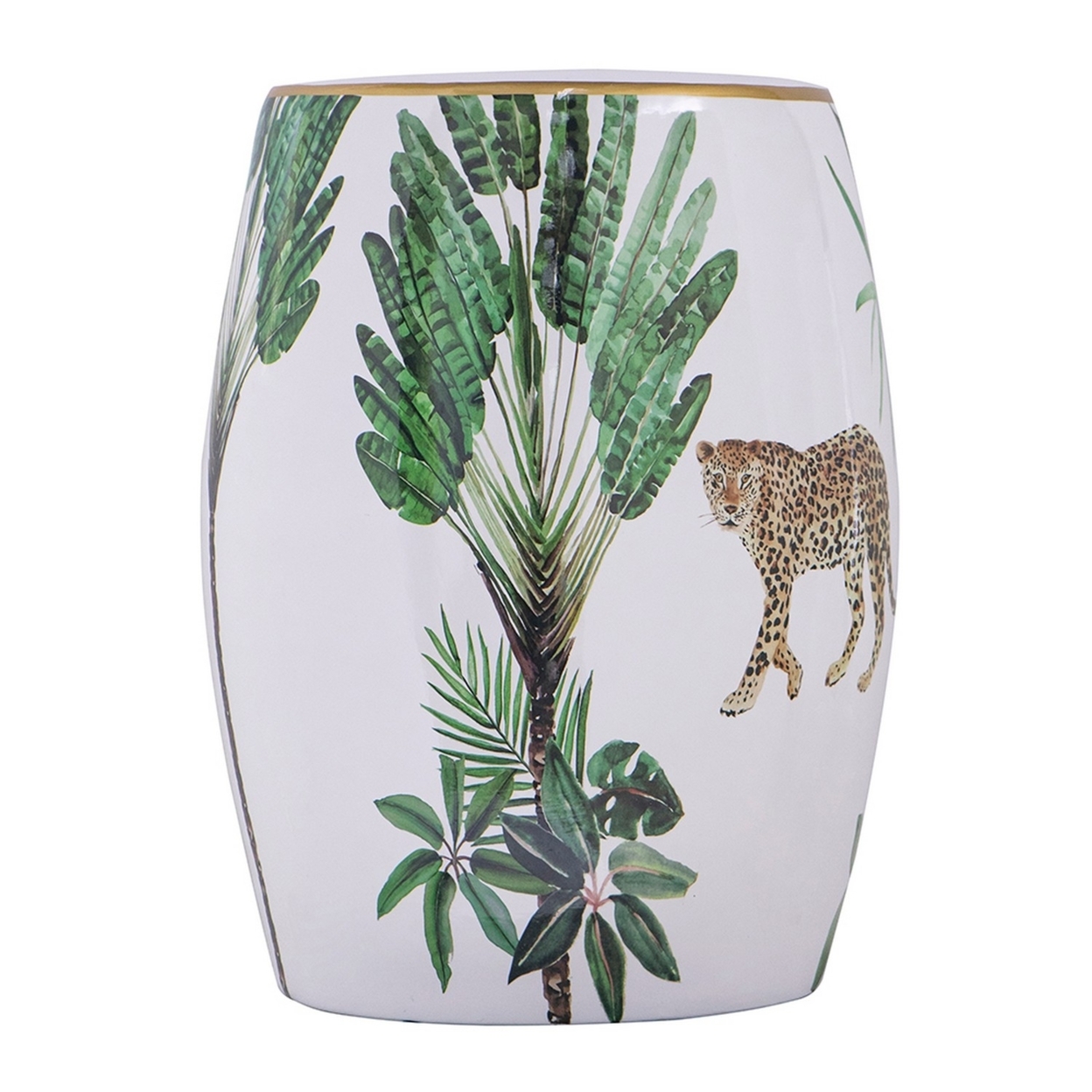 18 Inch Ceramic Accent Table, Drum Shape, Tropical Print, White, Green- Saltoro Sherpi