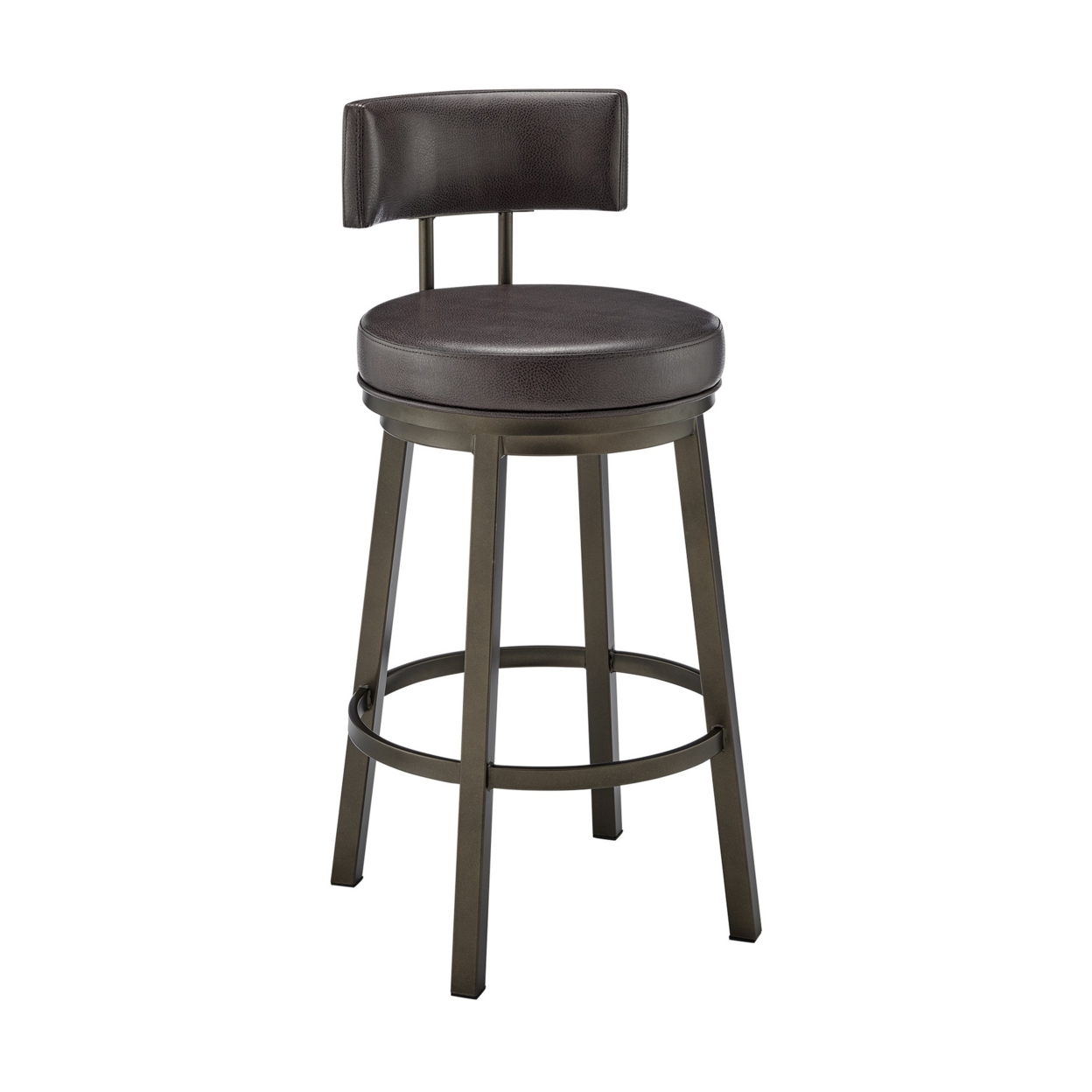 Eleanor 30 Inch Swivel Bar Stool Chair, Round Mocha Brown Faux Leather Seat- Saltoro Sherpi