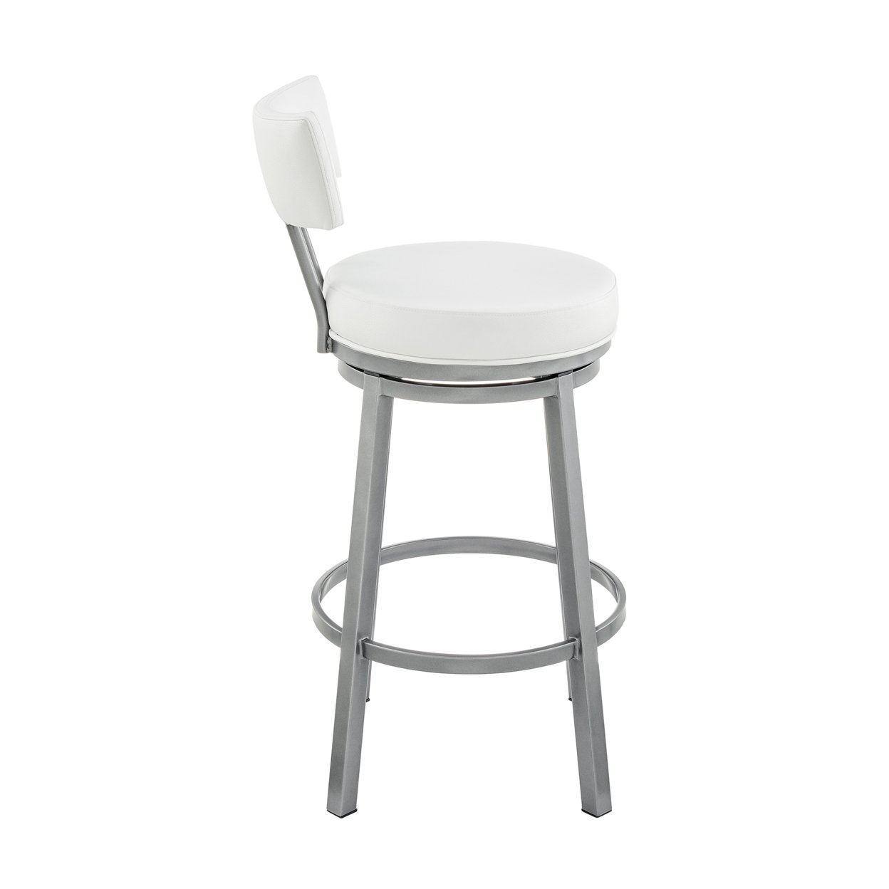 Eleanor 26 Inch Swivel Counter Stool Chair, Round White Faux Leather Seat- Saltoro Sherpi