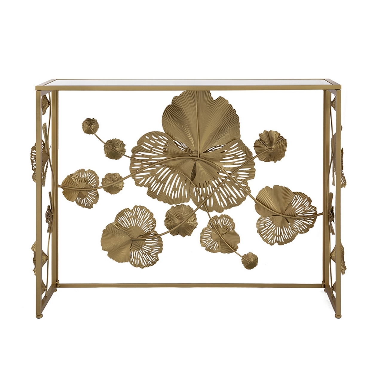 39 Inch Mirrored Top Console Table, Elegant Floral Design, Iron, Matte Gold- Saltoro Sherpi