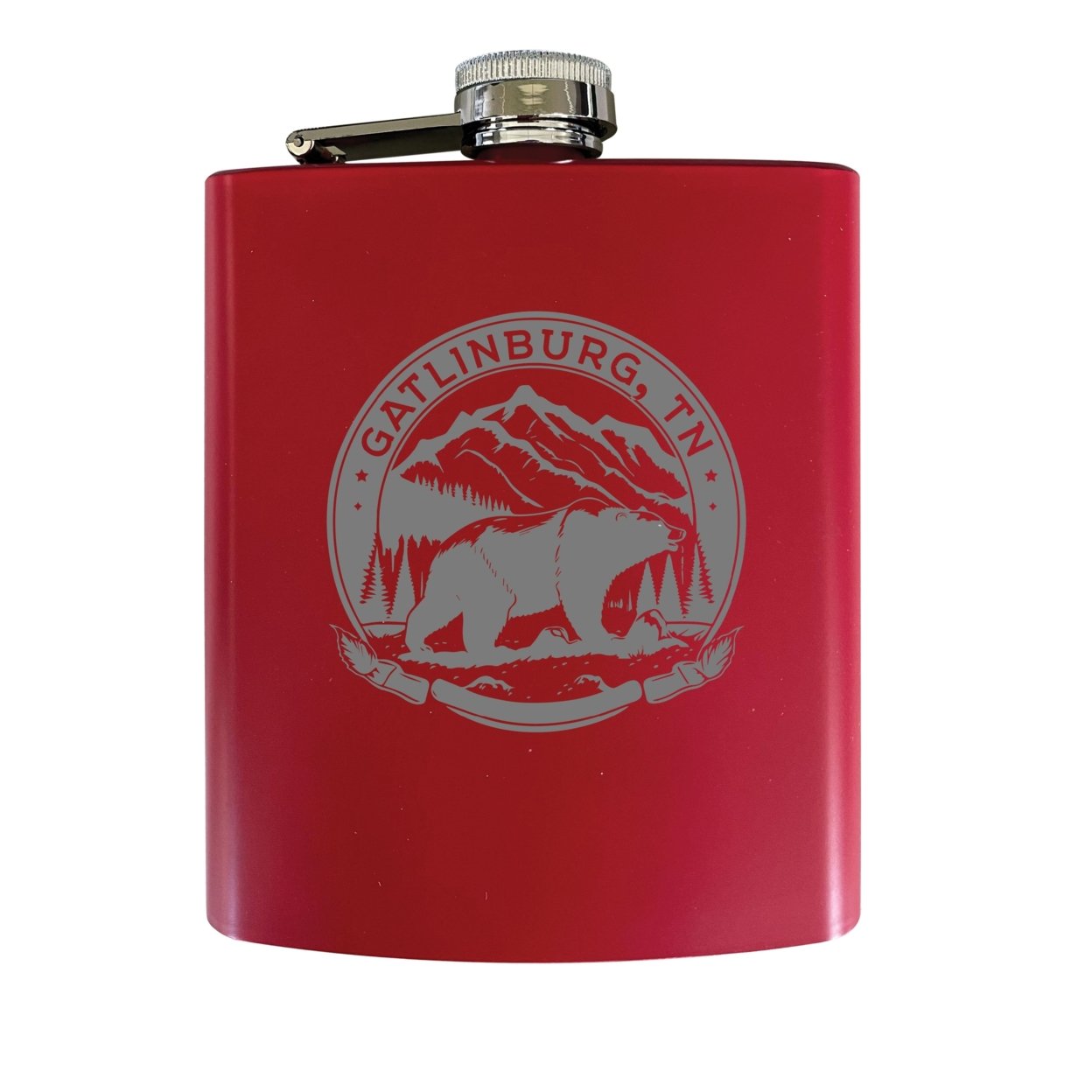 Gatlinburg Tennessee Laser Etched Souvenir 7 Oz Leather Steel Flask - Red