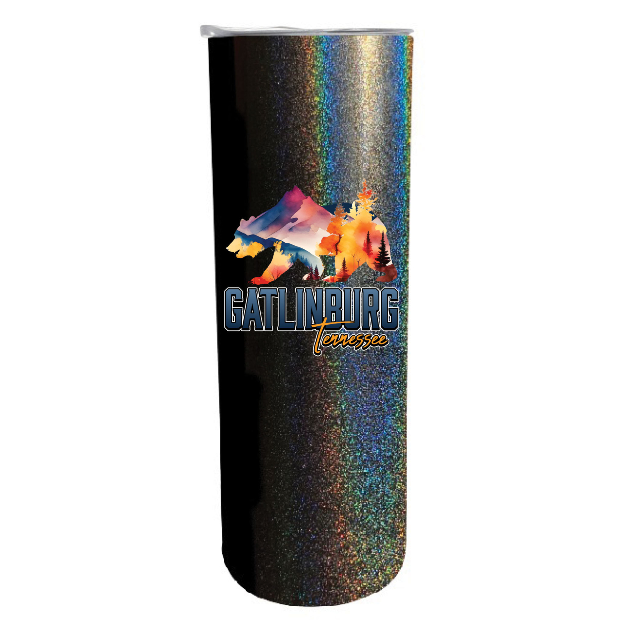Gatlinburg Tennessee Souvenir 20 Oz Insulated Stainless Steel Skinny Tumbler - Rainbow Glitter Black, B