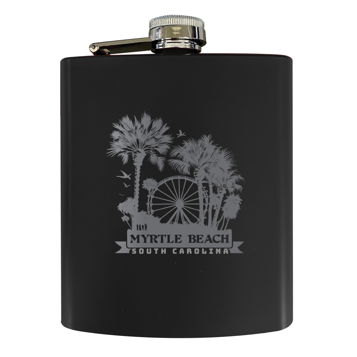 Myrtle Beach South Carolina Laser Etched Souvenir 7 Oz Leather Steel Flask - Black