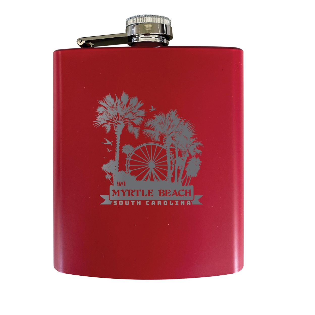Myrtle Beach South Carolina Laser Etched Souvenir 7 Oz Leather Steel Flask - Red