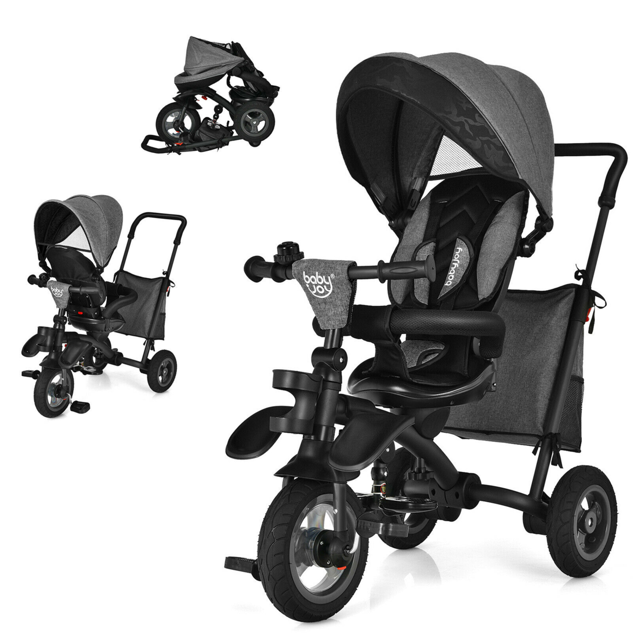 7-In-1 Kids Baby Tricycle Folding Steer Stroller W/ Rotatable Seat - Grey