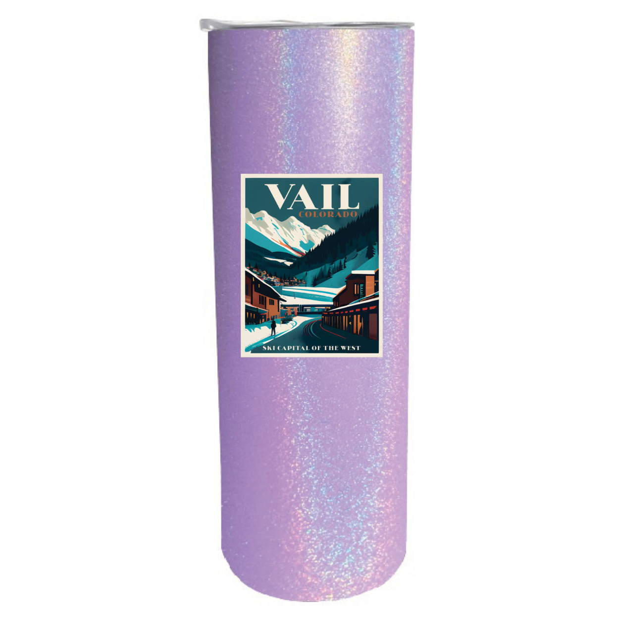 Vail Colorado Souvenir 20 Oz Insulated Stainless Steel Skinny Tumbler - Rainbow Glitter Pink