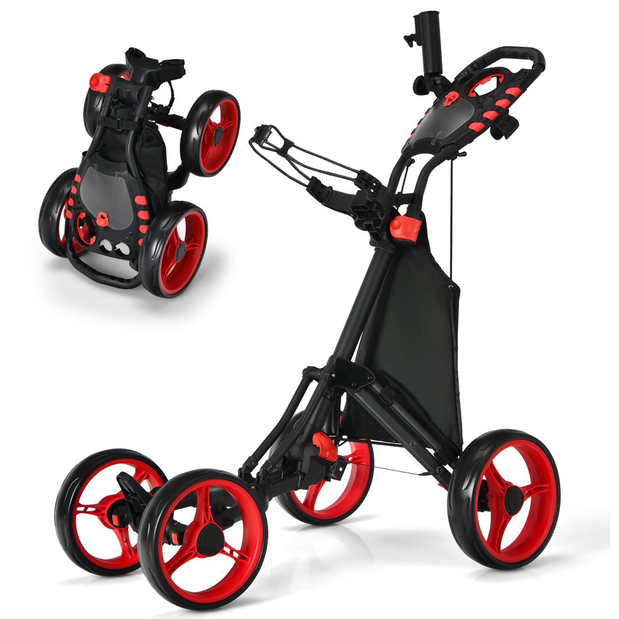 4 Wheels Foldable Golf Push Pull Cart Trolley W/ Brake Waterproof Bag - Red