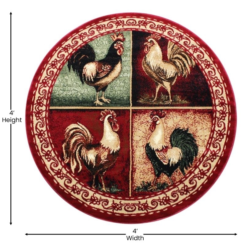 Gallus Collection 4' X 4' Round Red Rooster Themed Olefin Area Rug With Jute Backing For Kitchen, Living Room, Bedroom