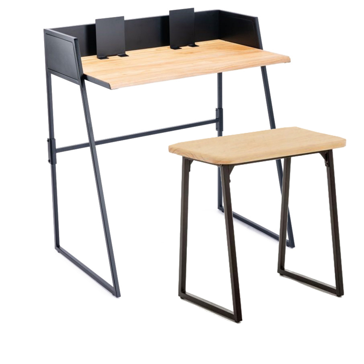 2 Piece Desk Set With Bench, Wood And Metal, Natural Brown And Black- Saltoro Sherpi
