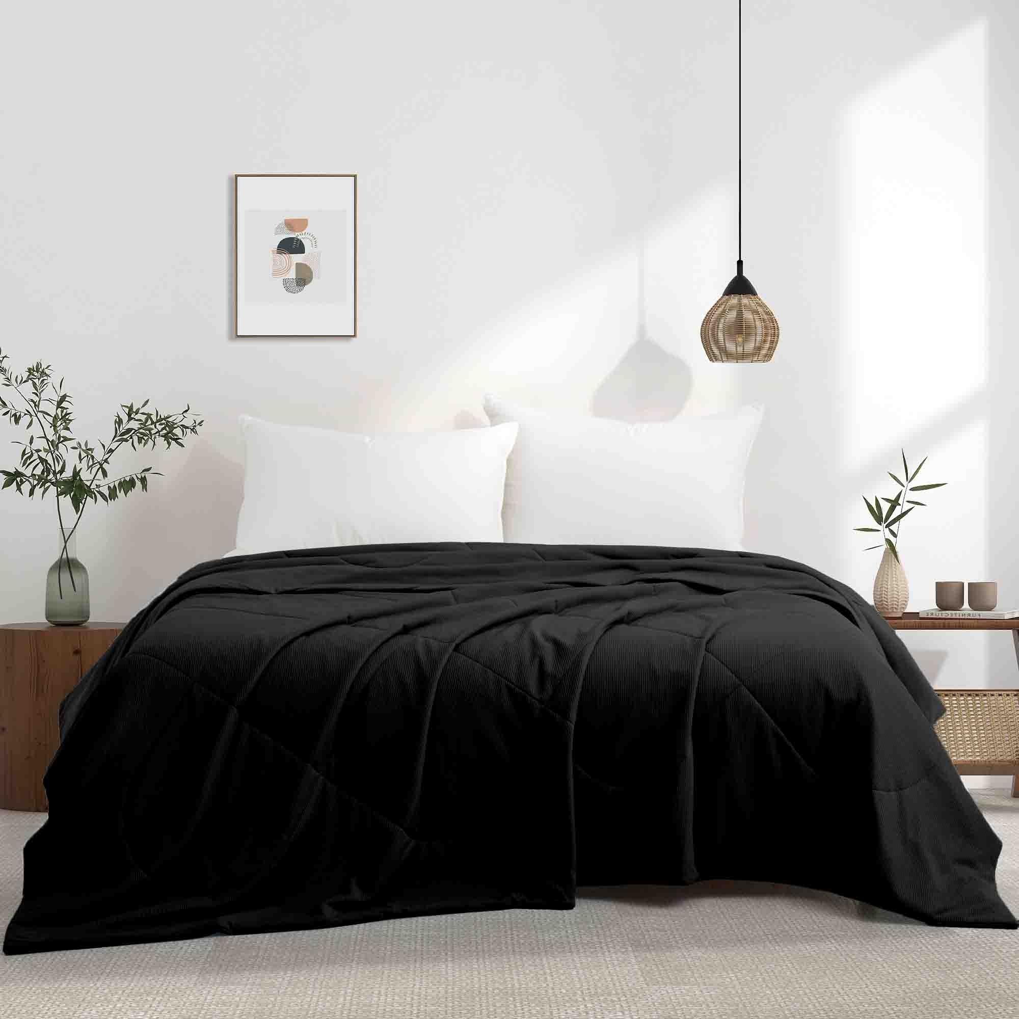 Reversible Silky Oversize Blanket With Waffle Design Bed Blanket - Black, Twin