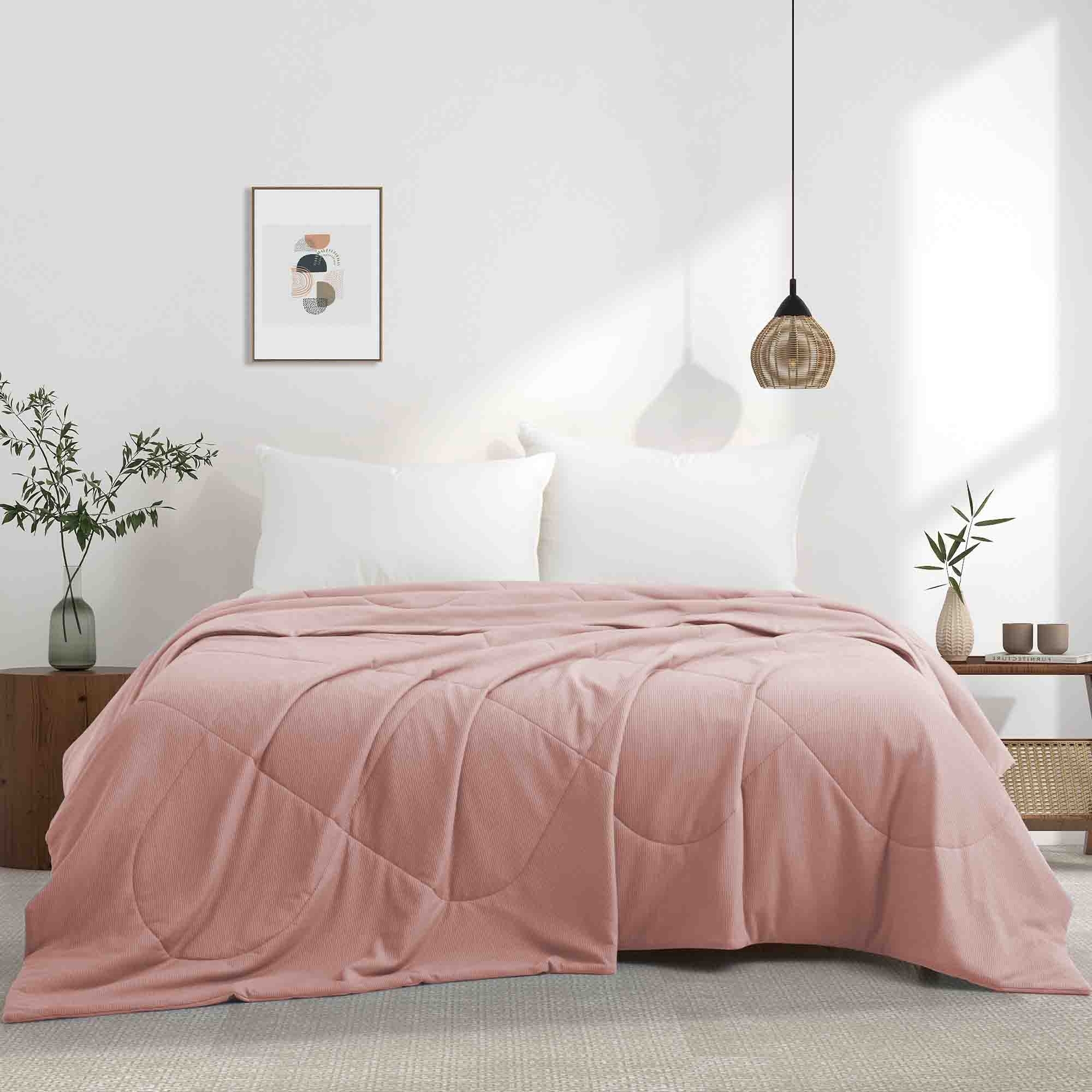 Reversible Silky Oversize Blanket With Waffle Design Bed Blanket - Pink, Full/Queen