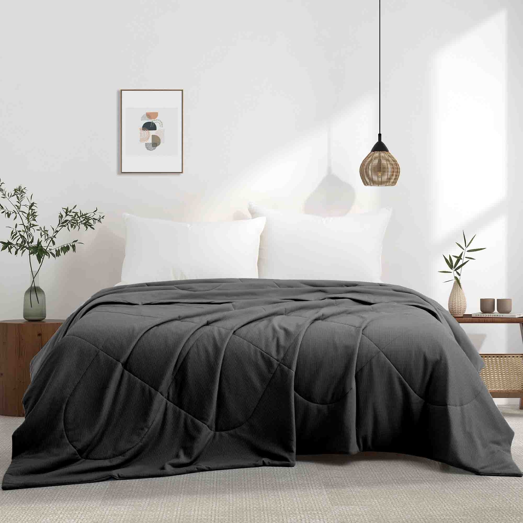 Reversible Silky Oversize Blanket With Waffle Design Bed Blanket - Dark Gray, Twin