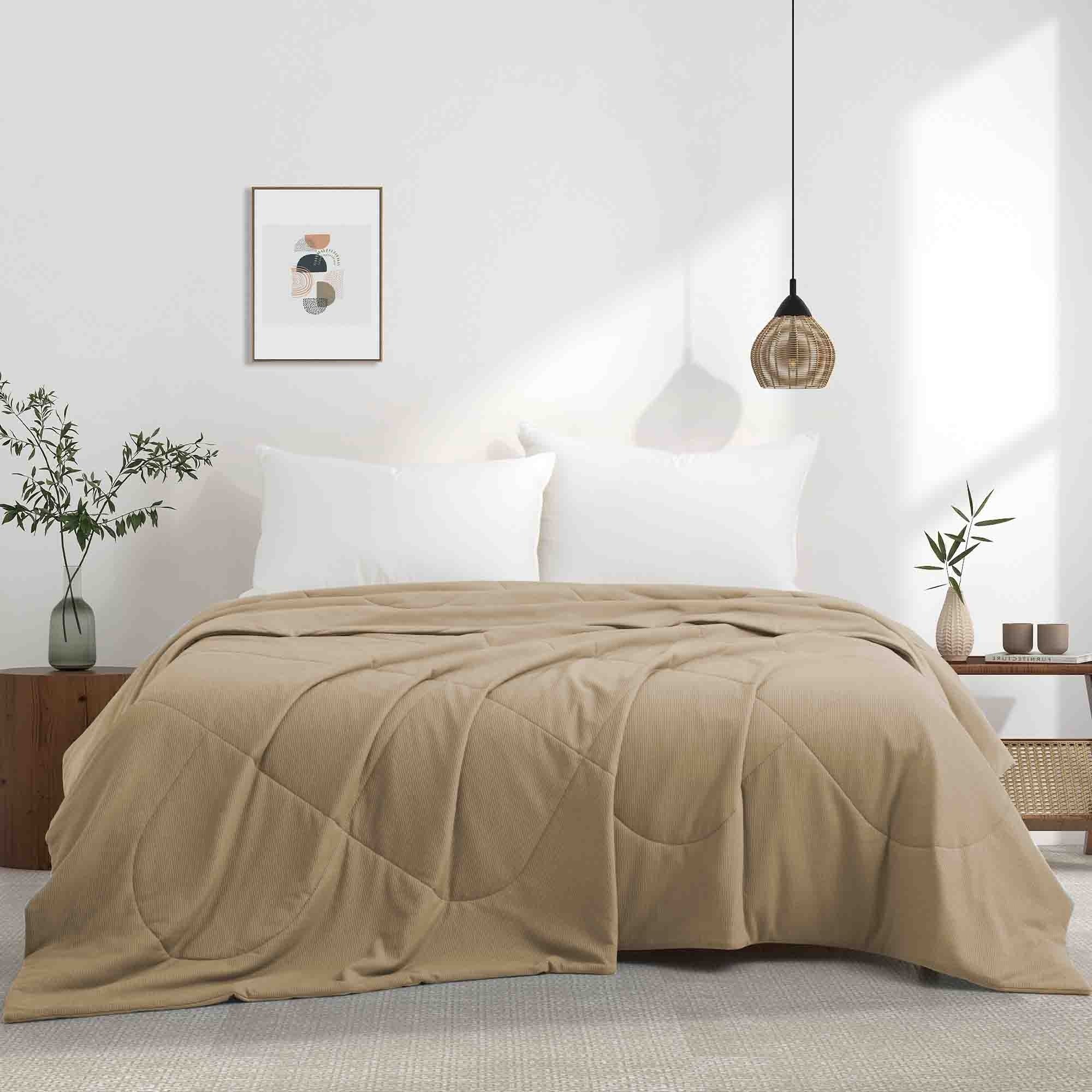 Reversible Silky Oversize Blanket With Waffle Design Bed Blanket - Khaki, Full/Queen