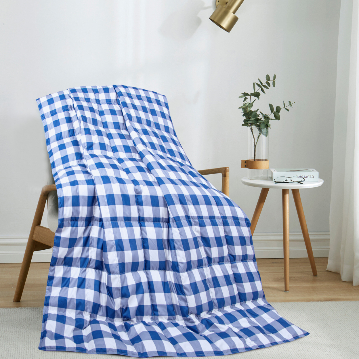 Natural Down Blanket Filled With UltraFeather And Down, Throw Blanket (50 X 70) Sewn Through Box Design - White And Blue