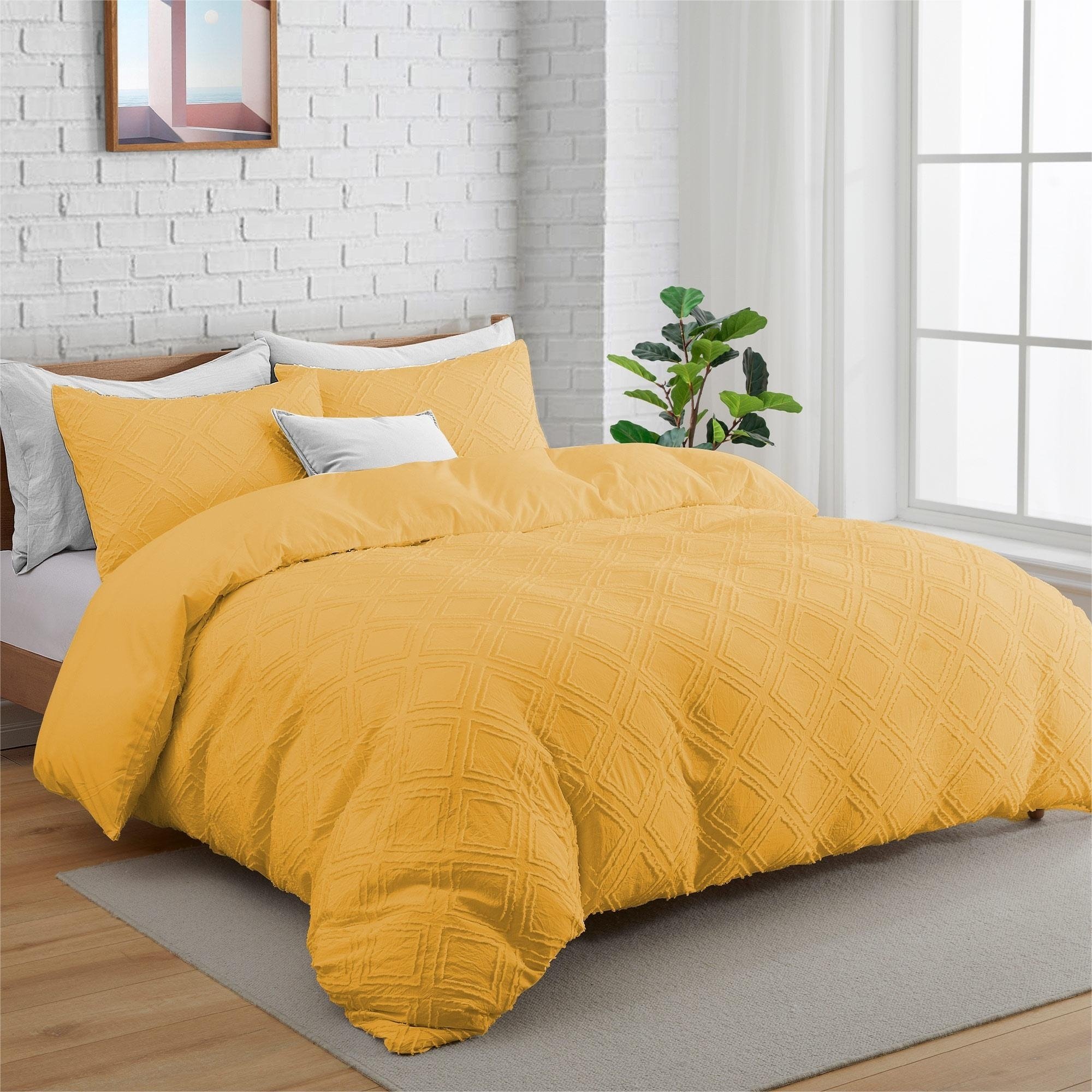 Clipped Jacquard Duvet Cover Set With Shams - Yellow/Square, King