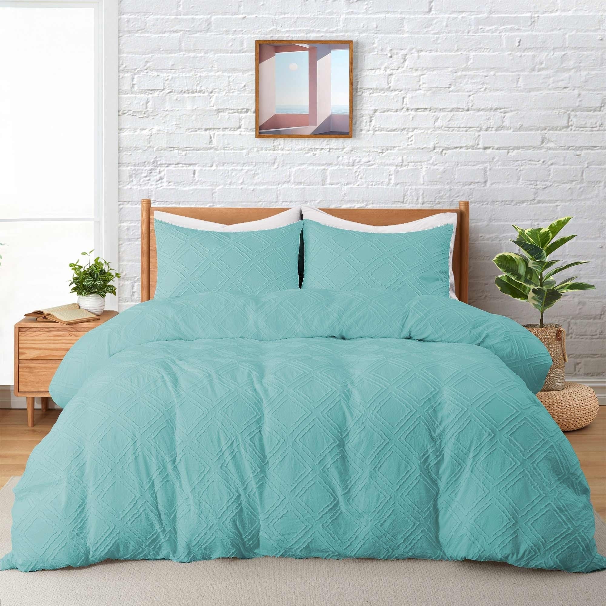 Clipped Jacquard Duvet Cover Set With Shams - Teal/Square, King