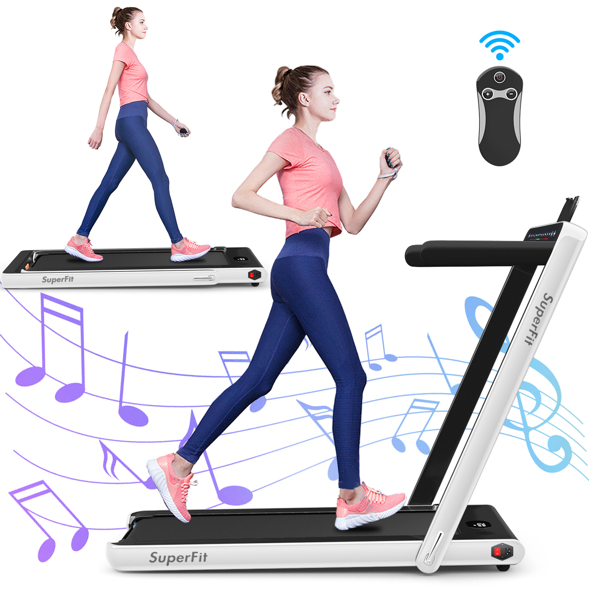 2 In 1 Folding Treadmill 2.25HP Running Machine W/ Dual Display - White
