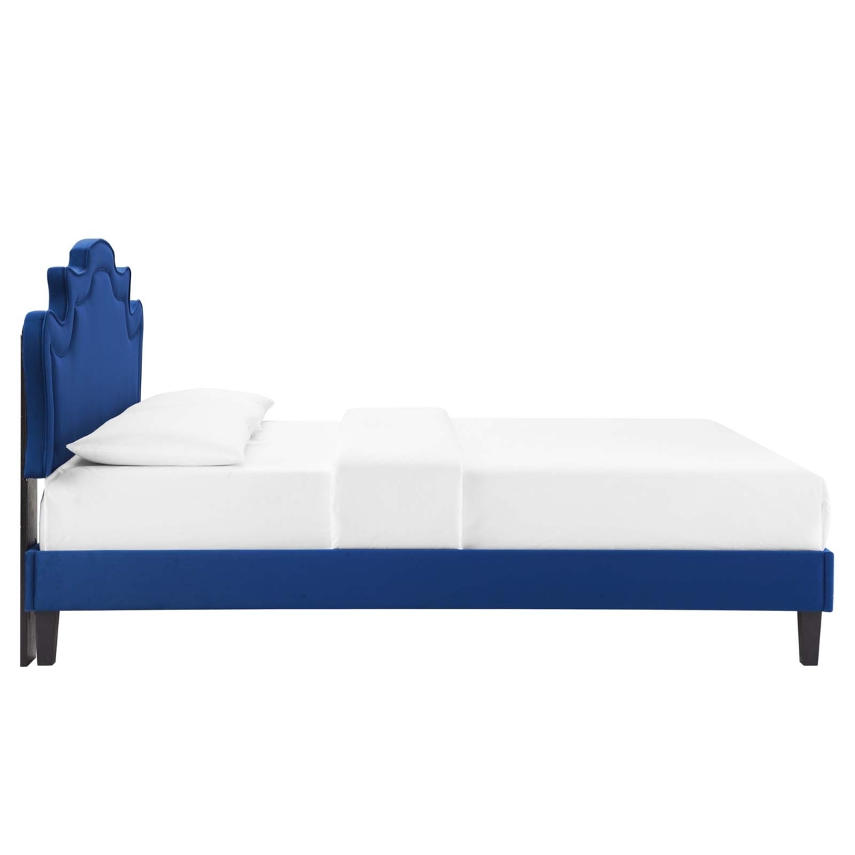 Twin Bed, Navy Blue Velvet Scalloped Headboard, Tapered Wood Legs