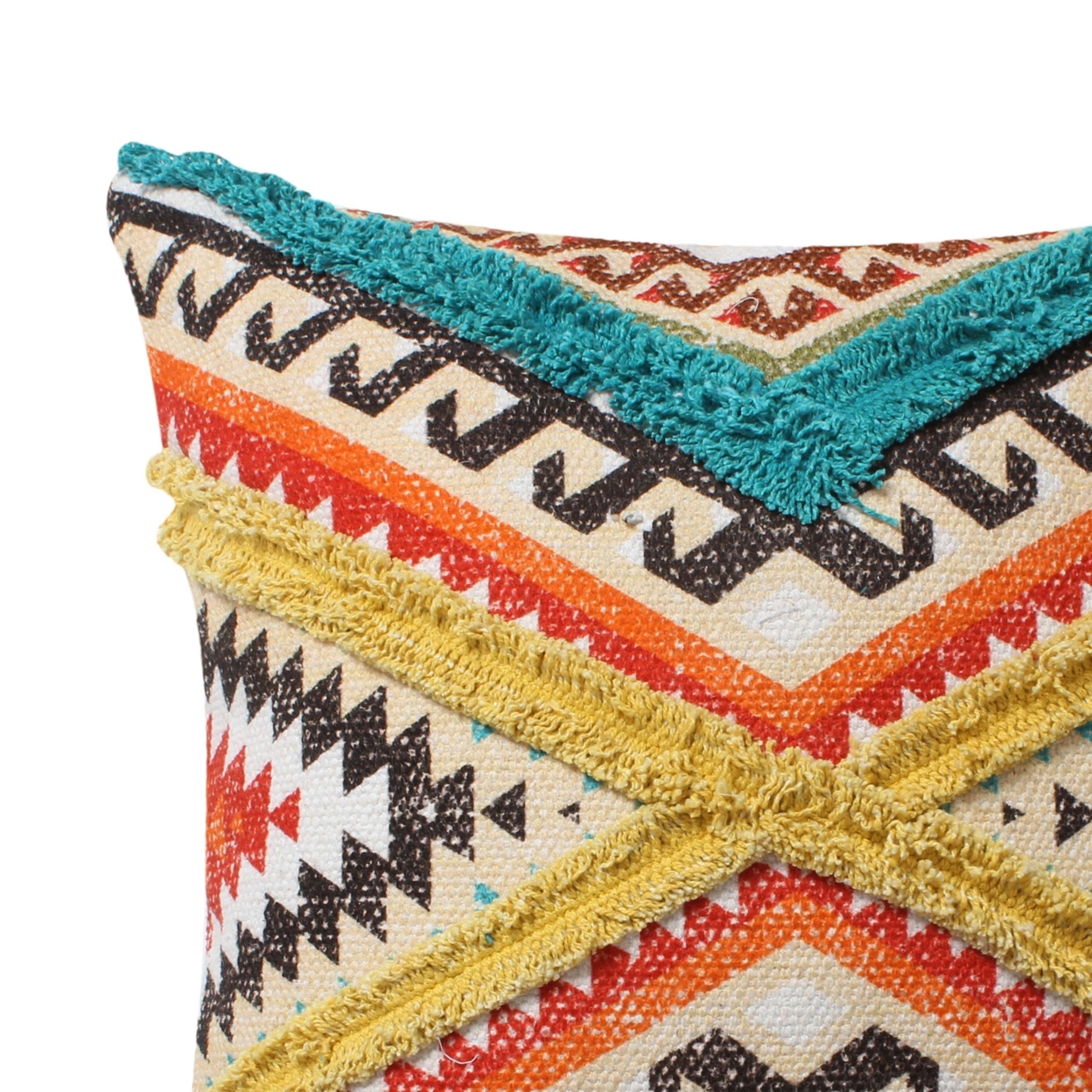 18 X 18 Square Cotton Accent Throw Pillow, Aztec Tribal Inspired Pattern, Trimmed Fringes, Set Of 2, Multicolor