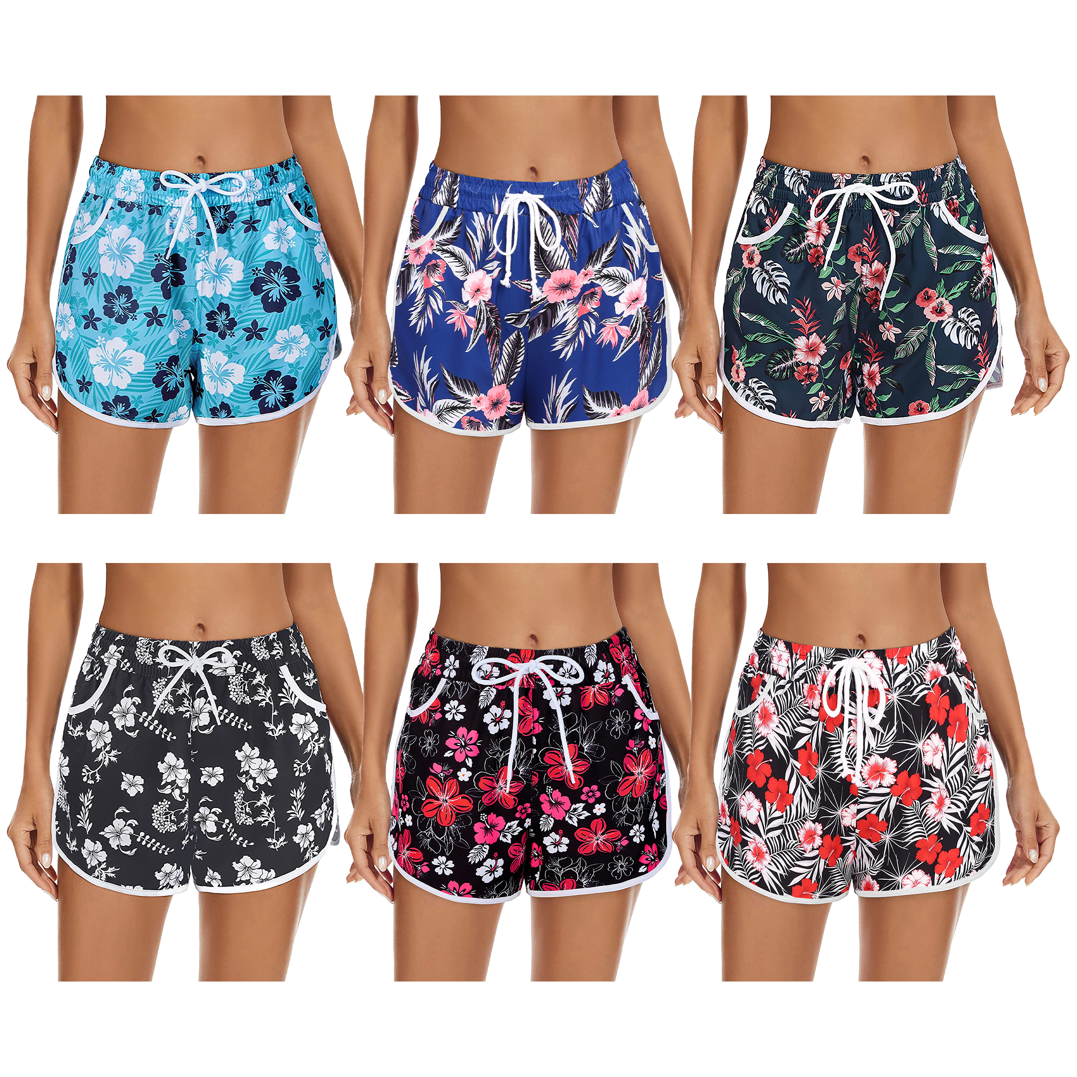 3-Pack Women's Floral Beach Shorts, Elastic Drawstring Summer Lounge Wear Pants, Soft Casual Dolphin Shorts With Pockets Quick Dry Plus Size
