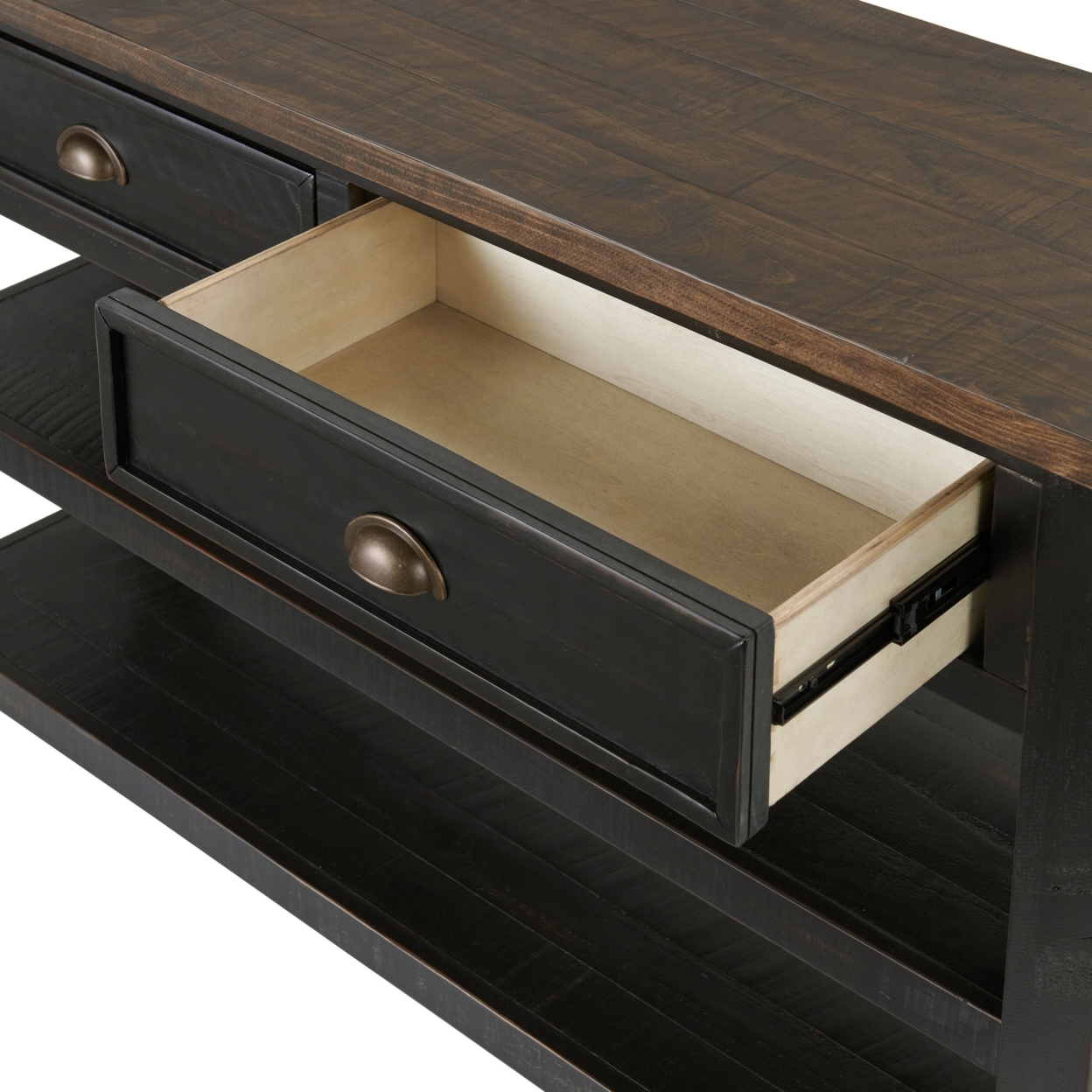 Fiya 50 Inch Coastal Sofa Console Table, 2 Drawers, 2 Shelves, Brown, Black- Saltoro Sherpi