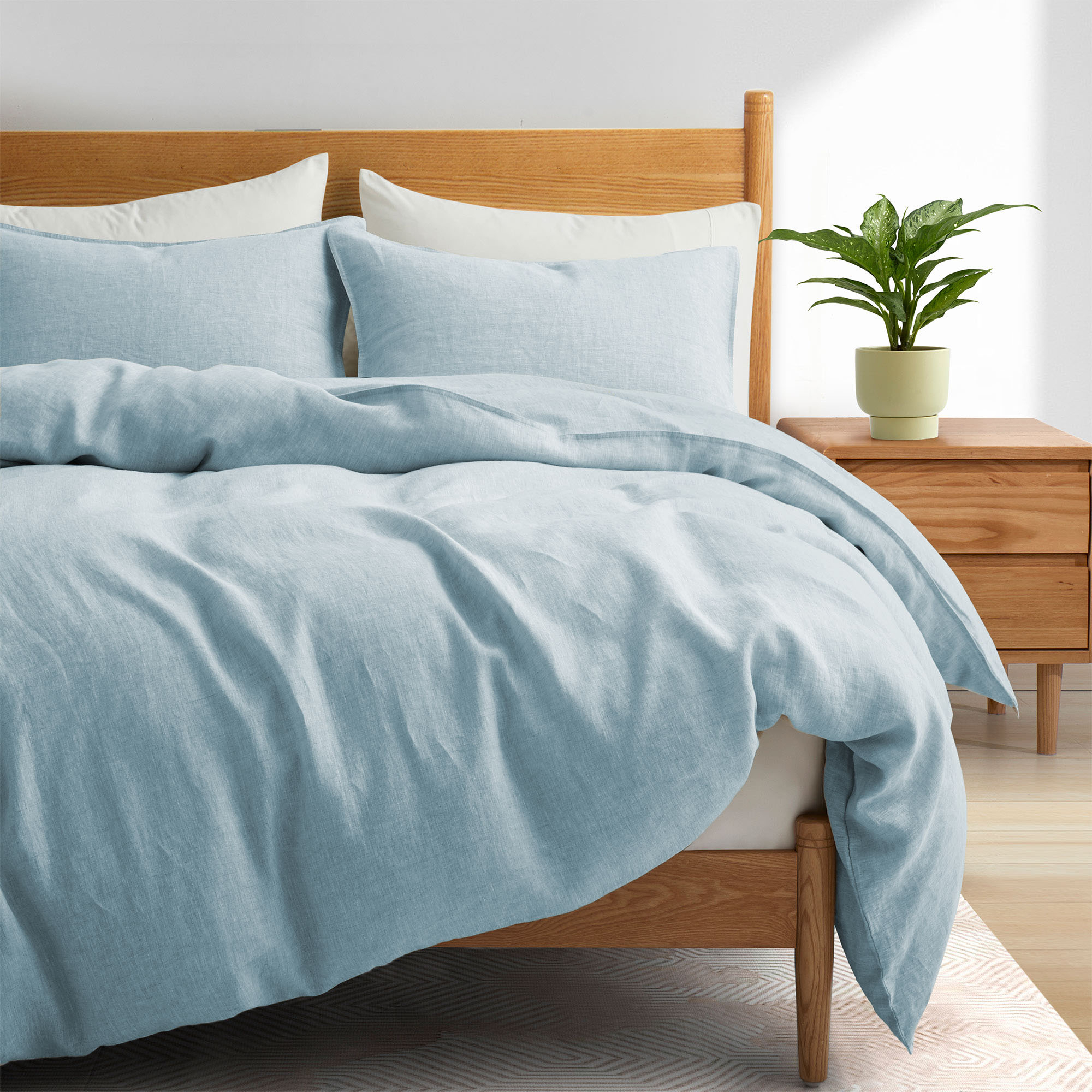 Premium Flax Linen Duvet Cover Set With Pillow Shams Breathable Moisture Wicking Bedding Set - Light Blue, King