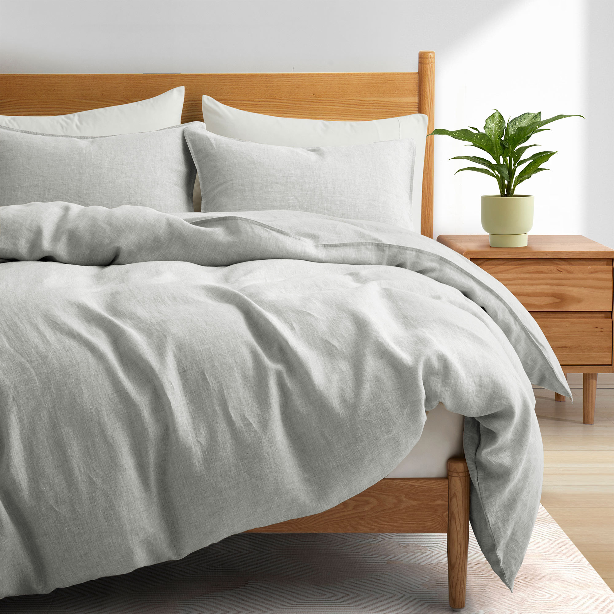 Premium Flax Linen Duvet Cover Set With Pillow Shams Breathable Moisture Wicking Bedding Set - Light Gray, Full/Queen