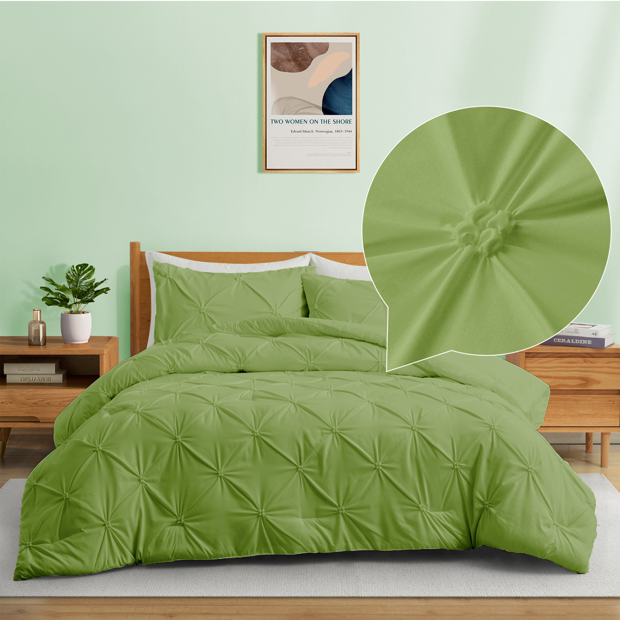 All Seasons Down Alternative Comforter Set, Pinch Pleat Design - Olive Green, Full/Queen