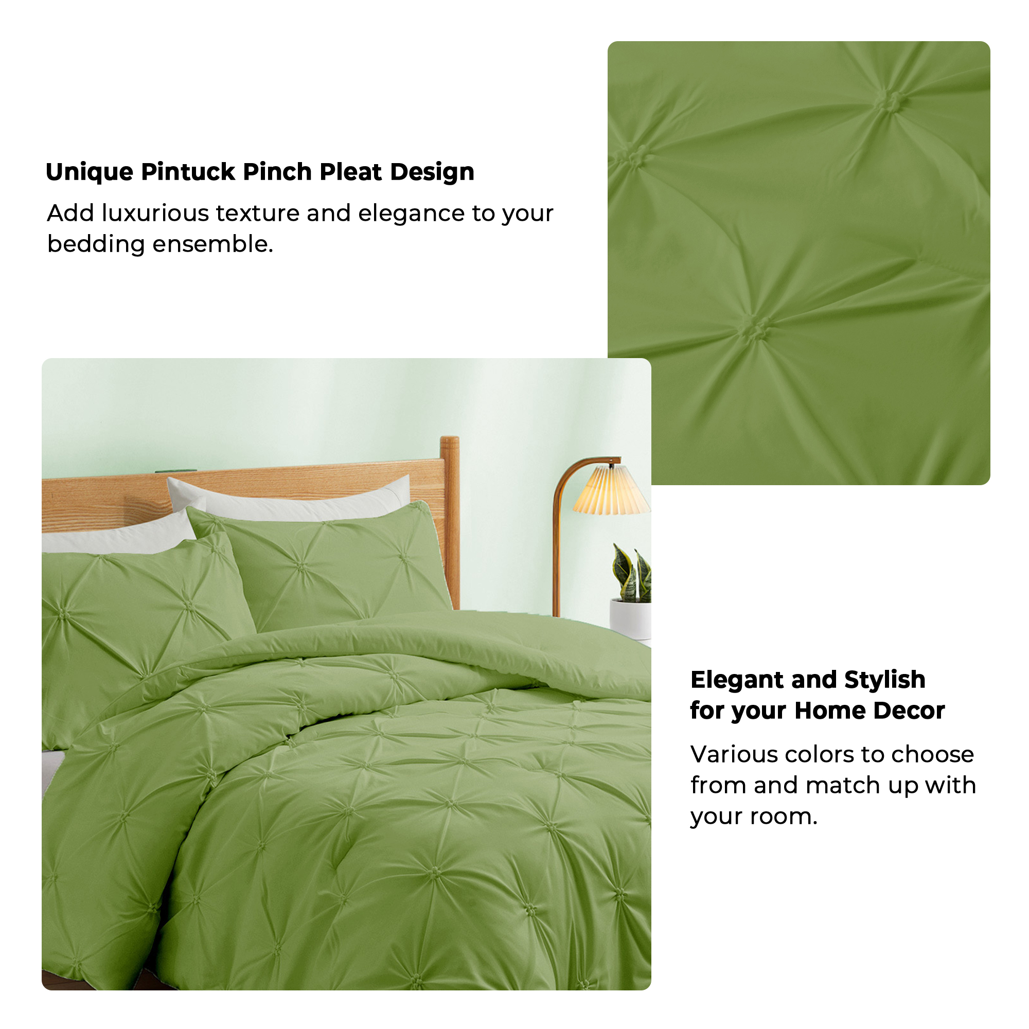 All Seasons Down Alternative Comforter Set, Pinch Pleat Design - Olive Green, Full/Queen