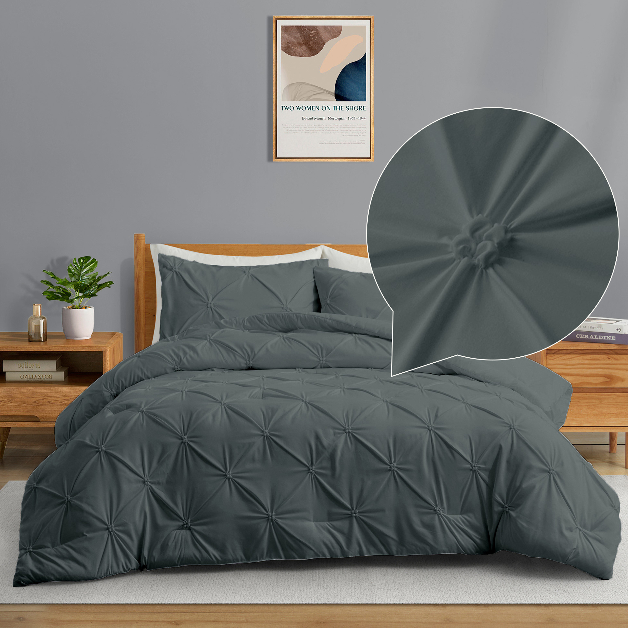 All Seasons Down Alternative Comforter Set, Pinch Pleat Design - Charcoal Gray, Full/Queen